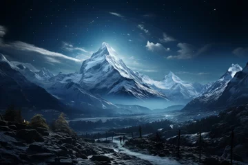 Gordijnen Snowcovered mountain with a river under a starry night sky © yuchen