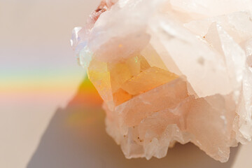 Luminous Quartz with Rainbow Flares. Sun's rays interact with quartz stone, iridescent rainbow...