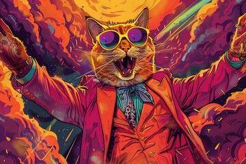 Cat boss celebrating in hell, infernal party, medium shot, dynamic lighting, Psychedelic funk art - obrazy, fototapety, plakaty