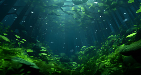 Fototapeta na wymiar the underwater view of a dense forest with trees and water