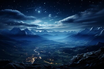 Electric blue sky with cumulus clouds over a river in a mountain valley at night - obrazy, fototapety, plakaty