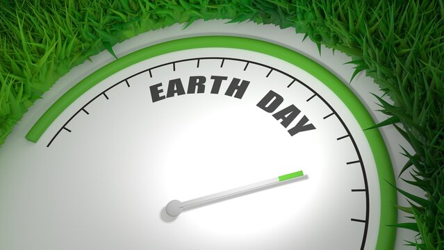 Earth Day text with measuring device with arrow and scale. Green grass. 3D render