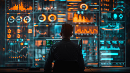 Human and computer and data infographic in office background 