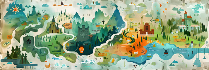 Detailed Illustrated Map Highlighting Geographical Landmarks and Icons