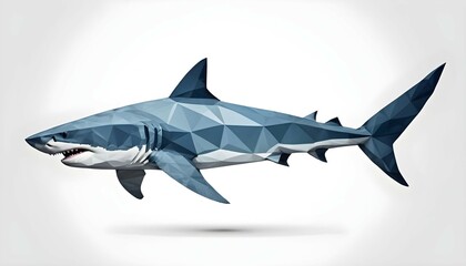 Polygonal illustration of shark on white background, symbol of fearlessness of force, in business...