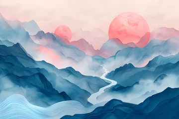 Foto op Plexiglas Artistic depiction of a tranquil mountain river landscape under the gentle light of two pink moons. © Chomphu