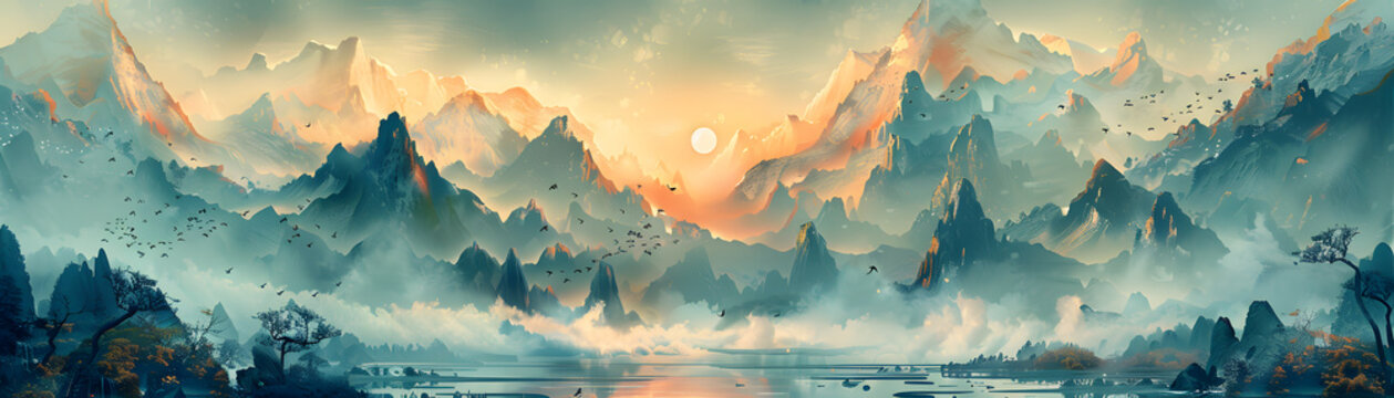 A panoramic view of a mist-covered mountain range bathed in the warm glow of a setting sun.
