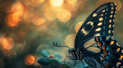 A colorful butterfly with delicate wings rests on a flower, sipping nectar - obrazy, fototapety, plakaty