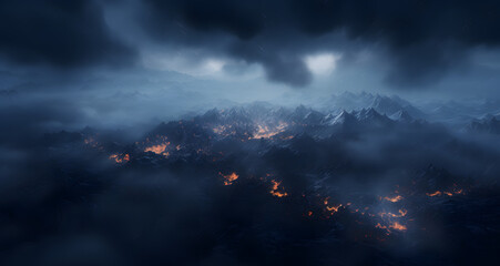 a mountain scene with a few bushes covered in burning flames
