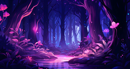 a purple fairy land with a waterfall in the middle of it - obrazy, fototapety, plakaty