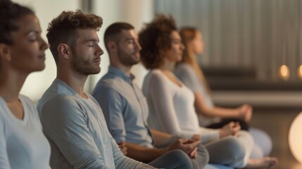 A group of patients sits in a soothing meditation room participating in a guided meditation session led by a trained the. Soft music and calming scents fill the room providing