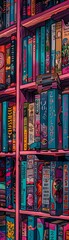 Psychedelic bookshelf with books, in the style of minimalist line art, appropriation artist, funk art