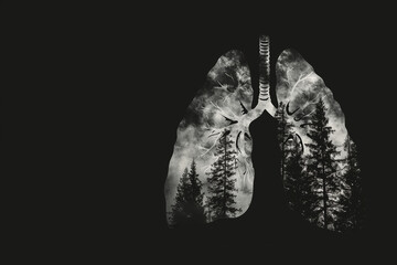 Smoky Lungs Symbolize Air Pollution, Trees Forest Fire in Lung Shape, Climate Change, and Ecological Concerns. Conceptual Image, Human Unhealthy