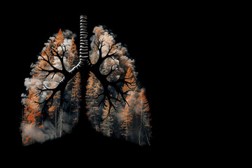 Tree Forest Fire in Lung Shape. Smoky Lungs Symbolize Air Pollution, Climate Change, and Ecological Concerns. Conceptual Image, Human Unhealthy, Copy Space
