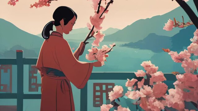 Illustration of a woman reading a book of poetry under a cherry blossom tree, embracing the arrival of spring.
