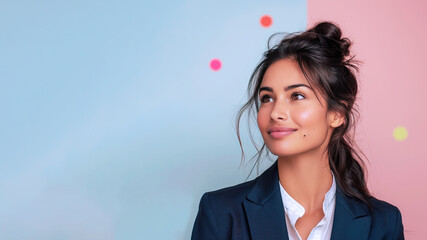 Indian businesswoman smiling in formal white blue suit looking up side view