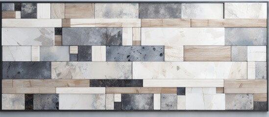 Abstract white and gray marble and granite tiles with gray wood banners and mosaic decoration