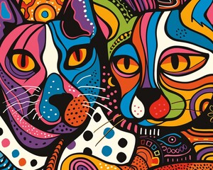 Psychedelic cat and dog duo, in the style of minimalist line art, appropriation artist, funk art