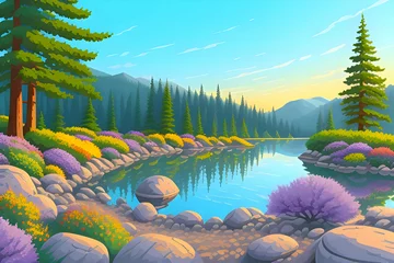 Fotobehang Beautiful and Peaceful Nature Scenery Illustration, Landscape, Countryside, Tranquil, Vibrant and Colorful © Imejing
