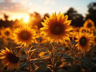 Happy sunflowers glowing in sunset light, a beautiful natural landscape