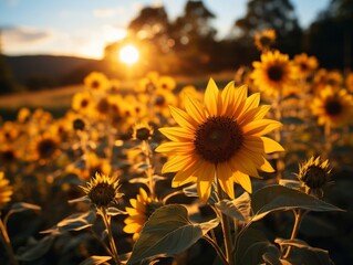 Field of sunflowers glowing in sunset light, a stunning natural landscape
