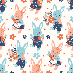 Easter vector seamless pattern with cute bunnies and decorations. Funny holiday background. Bright fabric design, repeat pattern.