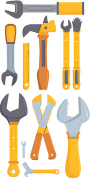 Gráficos vetorizados de ferramentas e equipamentos em um fundo branco