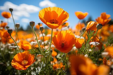 Field of orange and white flowers under a blue sky