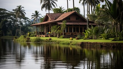 Obraz premium House Overlooking Green Field and Lake