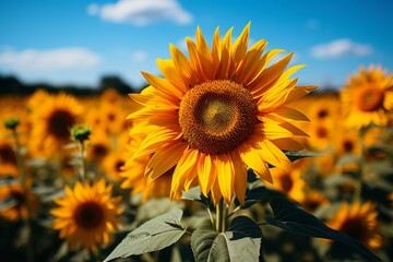 Field of sunflowers with one flower in front against sky
