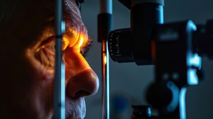 A patient sits in a dark room as an eye care professional shines a bright light into their dilated eye capturing a clear image of the retina scan for analysis.