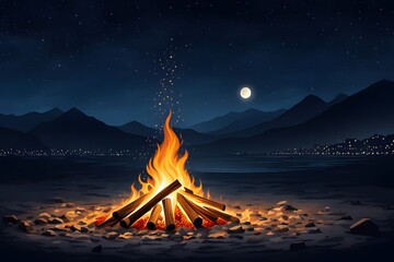 Realistic illustration of holika dahan bonfire. - obrazy, fototapety, plakaty