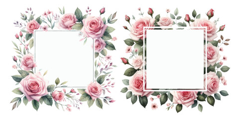 Pink rose frame watercolor illustration material set