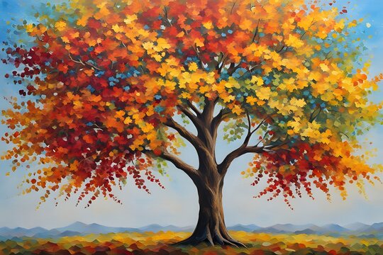 A painting of a tree with leaves in various colors, including red, orange