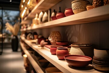 A shelf filled with various types of pottery. Generative AI. - obrazy, fototapety, plakaty