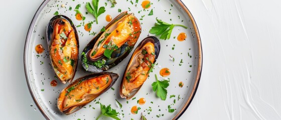 Mussels with tomatoes & chilli sauce. A stylish dinner party seafood starter. Top view, Space for text. 