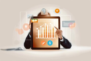 Businessman analyzing sales data with tablet and economic growth graph.