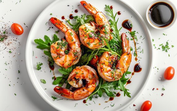Grilled prawns on fresh ruccola salad with fish sauce. Top view, horizontal image. 