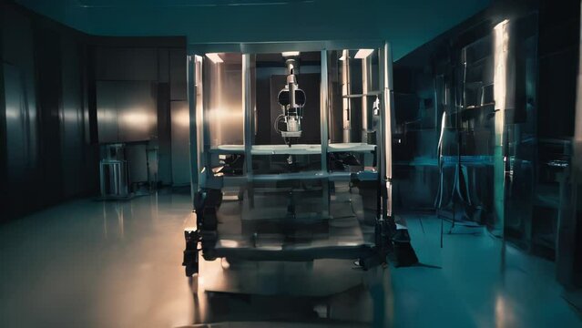A dimly lit futuristic medical facility equipped with advanced medical devices and robotic arms.
