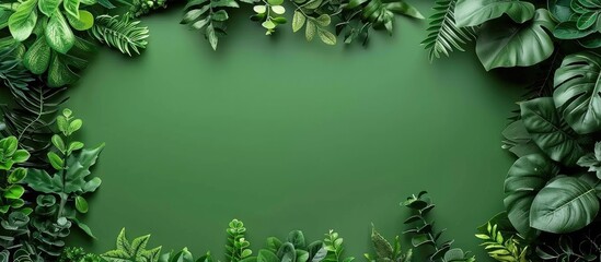 Fototapeta premium Top view of green artificial plants on colored backdrop with text space.