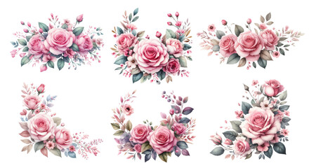 Pink rose decoration watercolor illustration material set