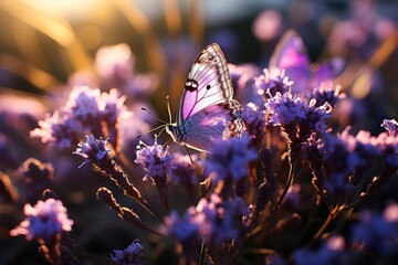 A violet butterfly pollinates a purple flower in the grass - obrazy, fototapety, plakaty