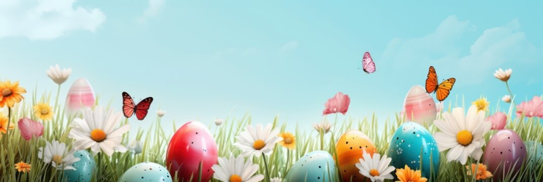 Happy Easter Banner, Beautiful Easter eggs on green grass meadow field background with copy space, festive spring wallpaper with blank space for text