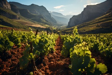Vineyard planted in valley with mountains, blue skies, and lush greenery