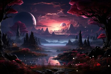 Art depicting a natural landscape with trees, water, and a moon in the sky