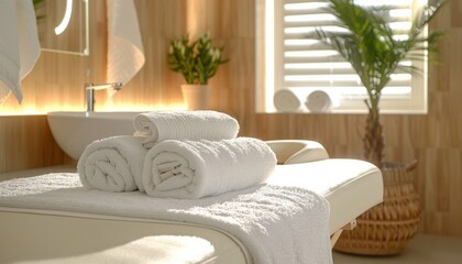 SPA, massage, beauty salon. Close up of folded towels on massage bed/table. 