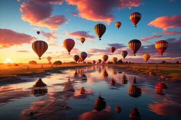 A group of hot air balloons drift peacefully over a river during sunset