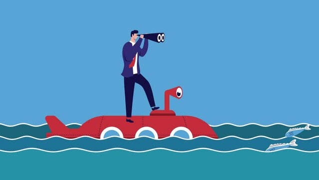 Confident business man using binoculars and submarine ship  looking forward trough ocean animation video