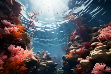 Fotobehang Sunlight filters through water on a vibrant coral reef below © yuchen