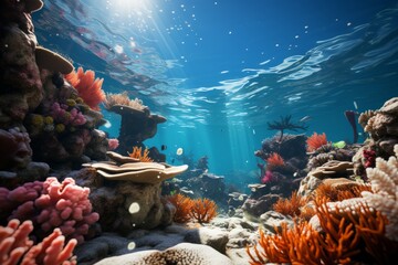 Underwater ecosystem with corals and fish in a vibrant coral reef